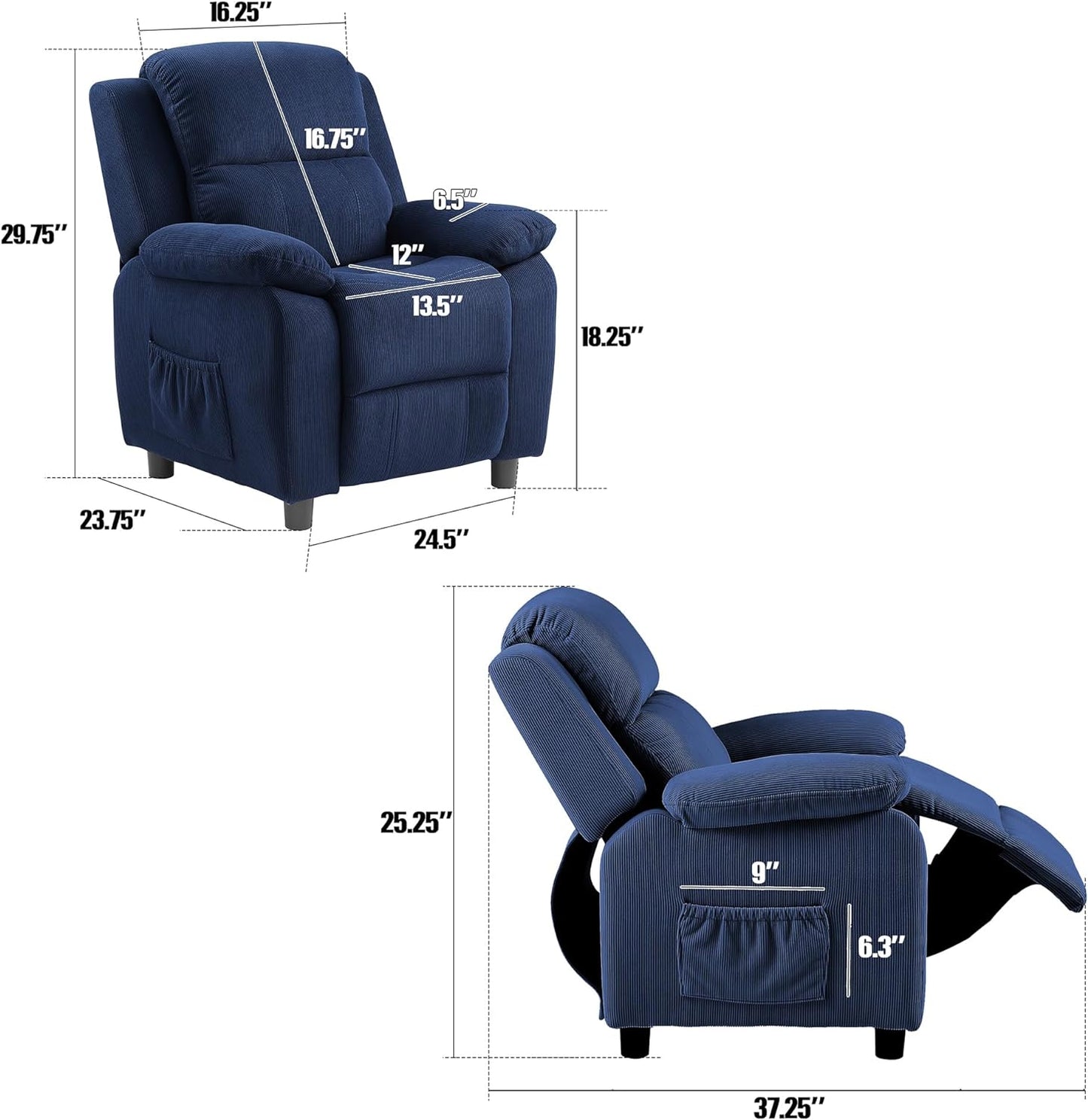 Ulax furniture Corduroy Kids Recliner Chair, Toddler Armrest Sofa Couch, Ergonomic Adjustable Lounge Sofa with Footrest, Padded Backrest, Storage Arms, Navy Recliner for Girls and Boys