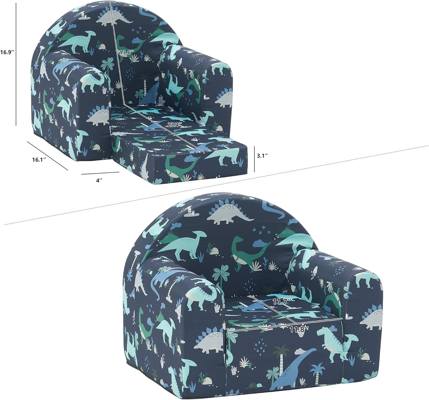 Kids Sofa Couch, 2-in-1 Flip Out Toddler Couch, Baby Lounge Chair (Navy Dinosaur)