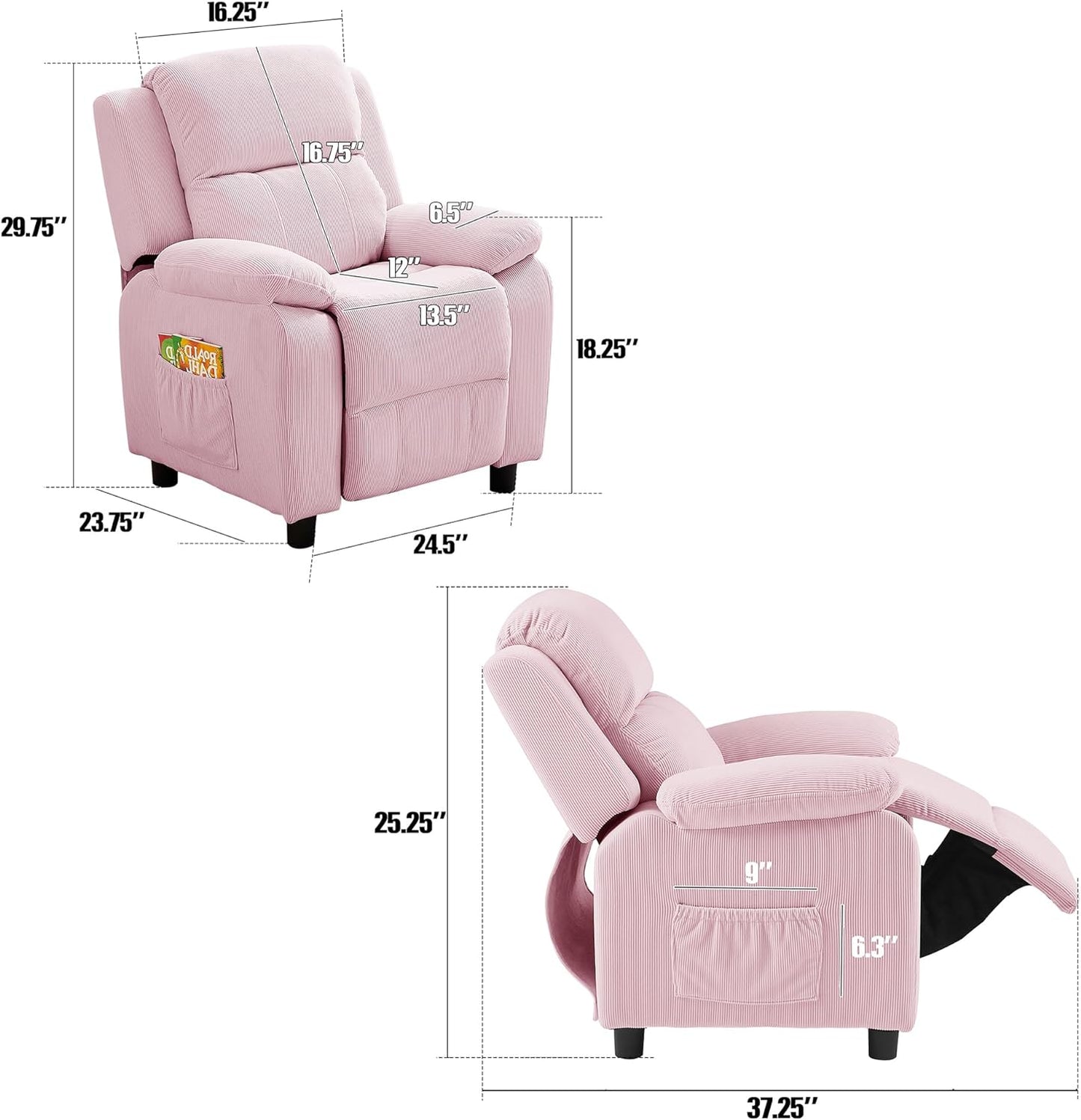 Ulax furniture Corduroy Kids Recliner Chair, Toddler Armrest Sofa Couch, Ergonomic Adjustable Lounge Sofa with Footrest, Padded Backrest, Storage Arms, Pink Recliner for Girls and Boys