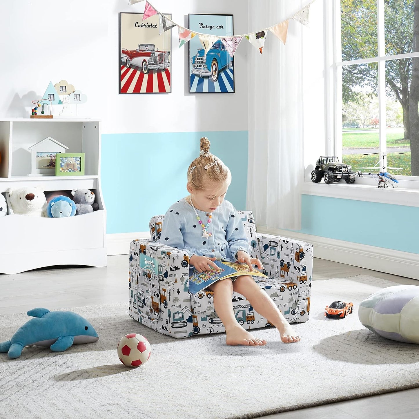 Convertible Sofa 2-In-1 Flip Open Kids Sleeper Chair （White Truck）