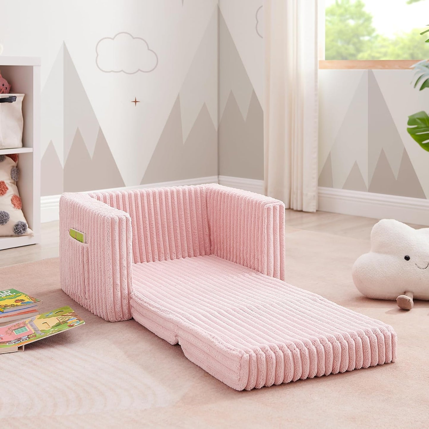 Convertible Sofa 2-In-1 Flip Open Kids Sleeper Chair （Pink）