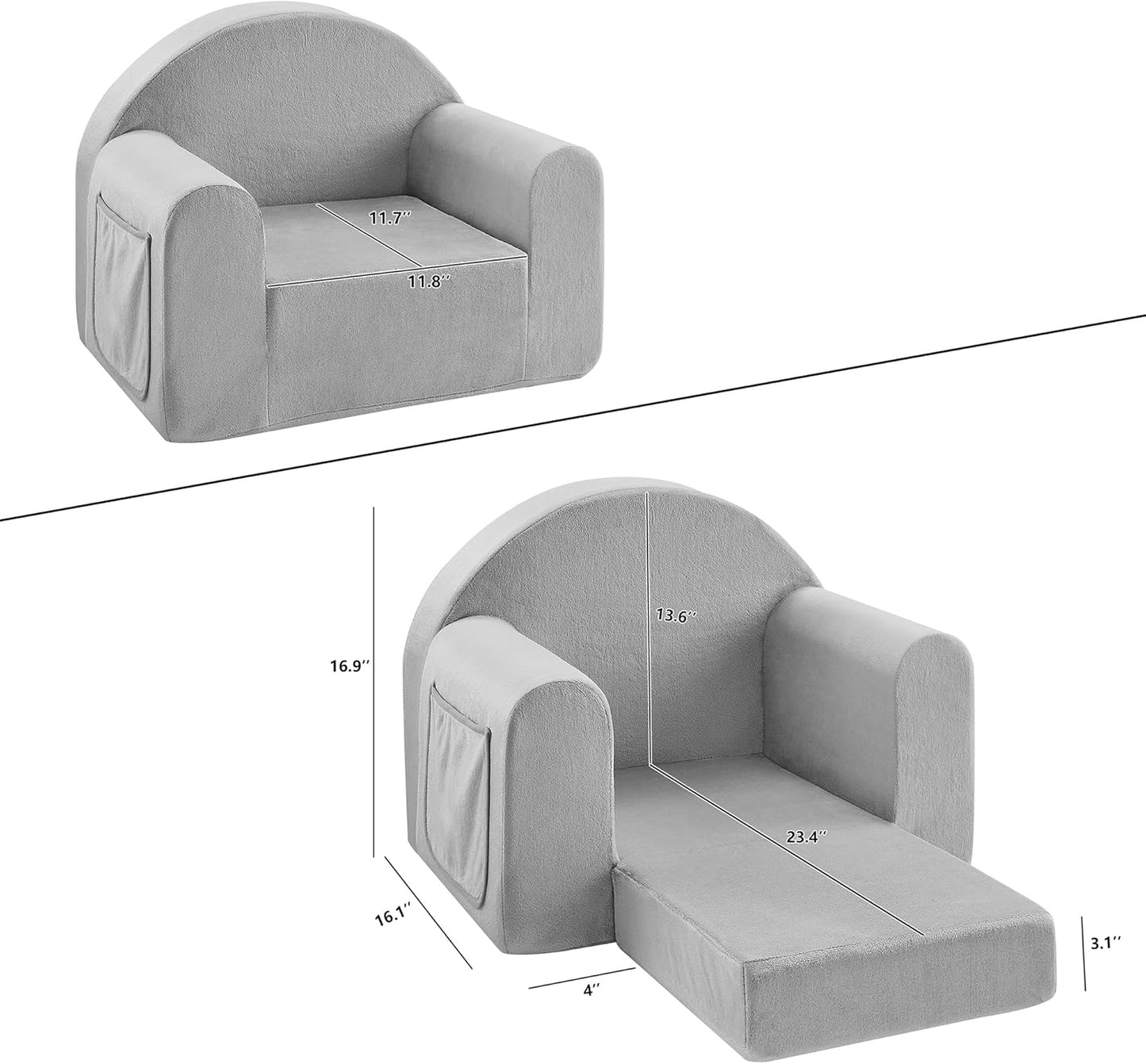 Kids Sofa Couch, Toddler Armrest Chair, 2-in-1 Convertible Sofa to Lounger (Grey)