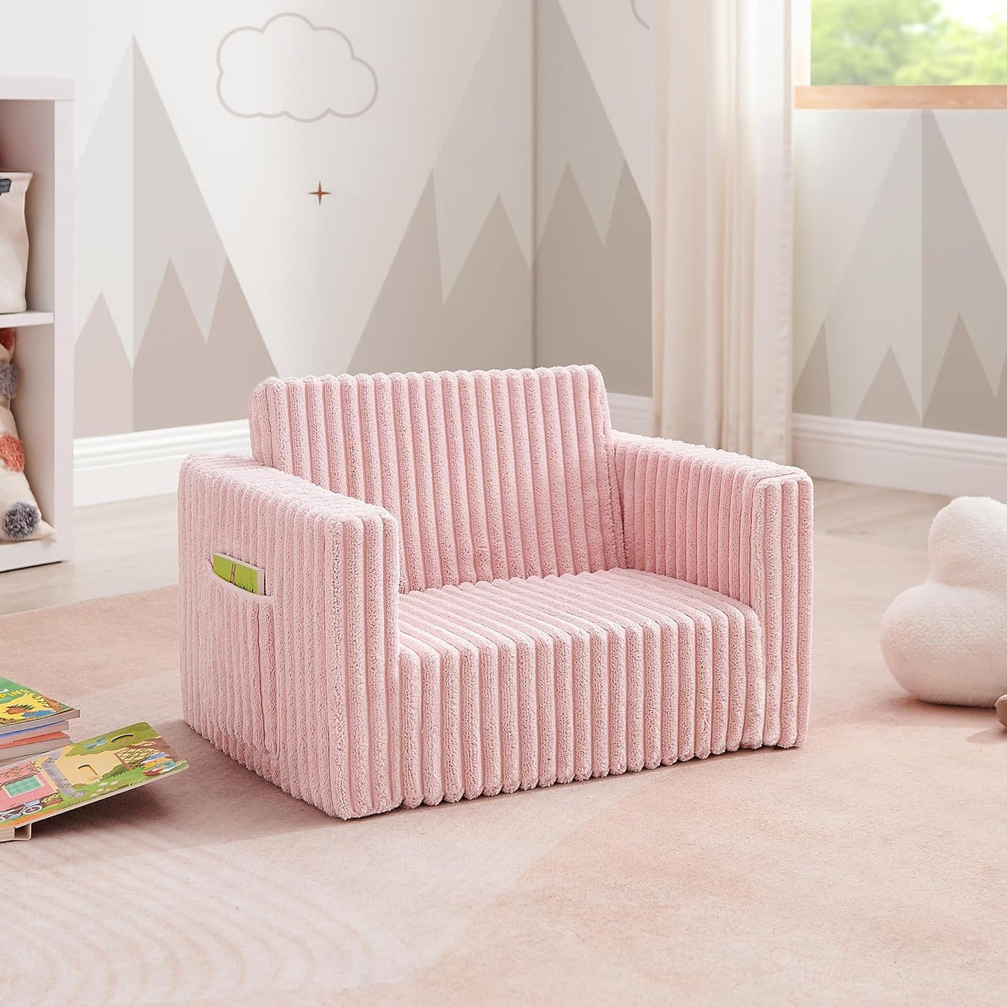 Convertible Sofa 2-In-1 Flip Open Kids Sleeper Chair （Pink）