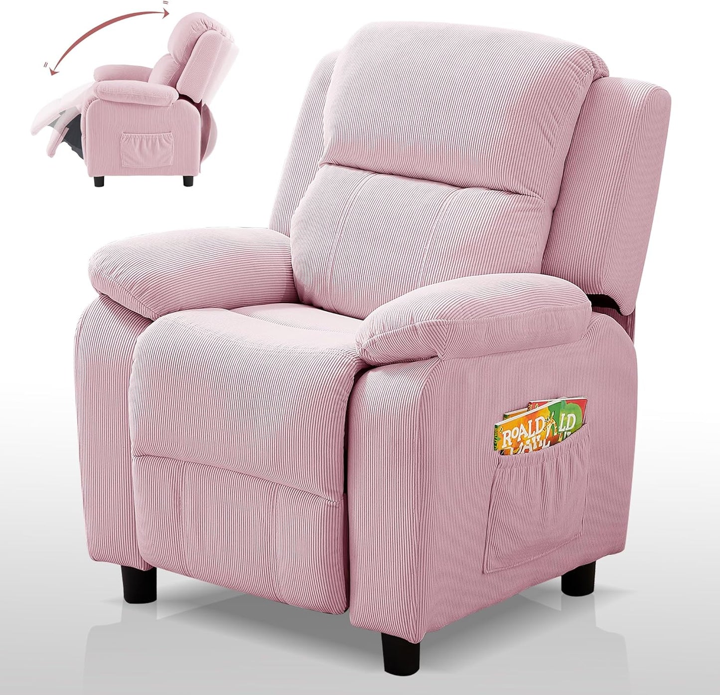 Ulax furniture Corduroy Kids Recliner Chair, Toddler Armrest Sofa Couch, Ergonomic Adjustable Lounge Sofa with Footrest, Padded Backrest, Storage Arms, Pink Recliner for Girls and Boys