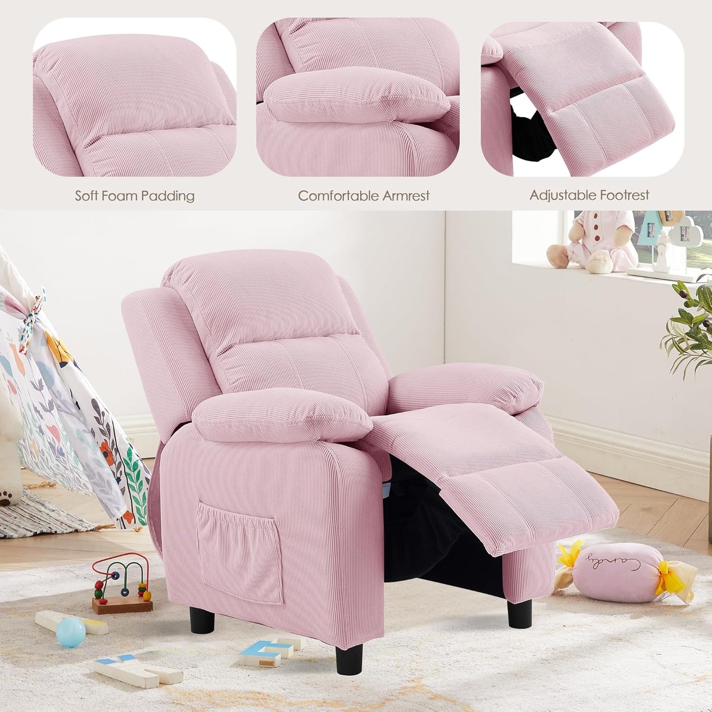 Ulax furniture Corduroy Kids Recliner Chair, Toddler Armrest Sofa Couch, Ergonomic Adjustable Lounge Sofa with Footrest, Padded Backrest, Storage Arms, Pink Recliner for Girls and Boys