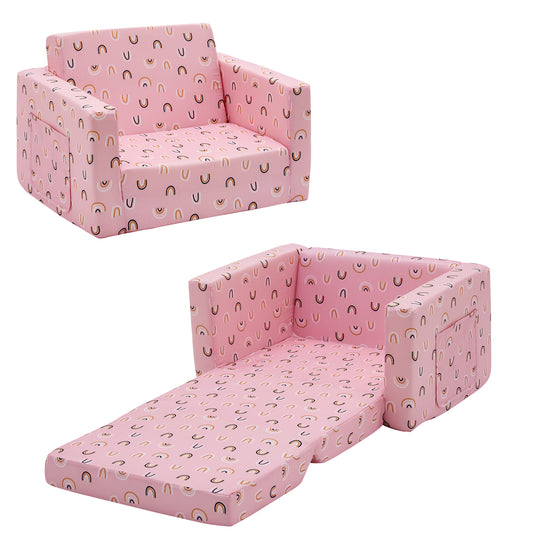 Convertible Sofa 2-In-1 Flip Open Kids Sleeper Chair （Pink Rainbow）