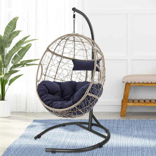 Outdoor Patio Wicker Hanging Basket Swing Chair Drop Egg Chair with Cushion and Stand (Navy)