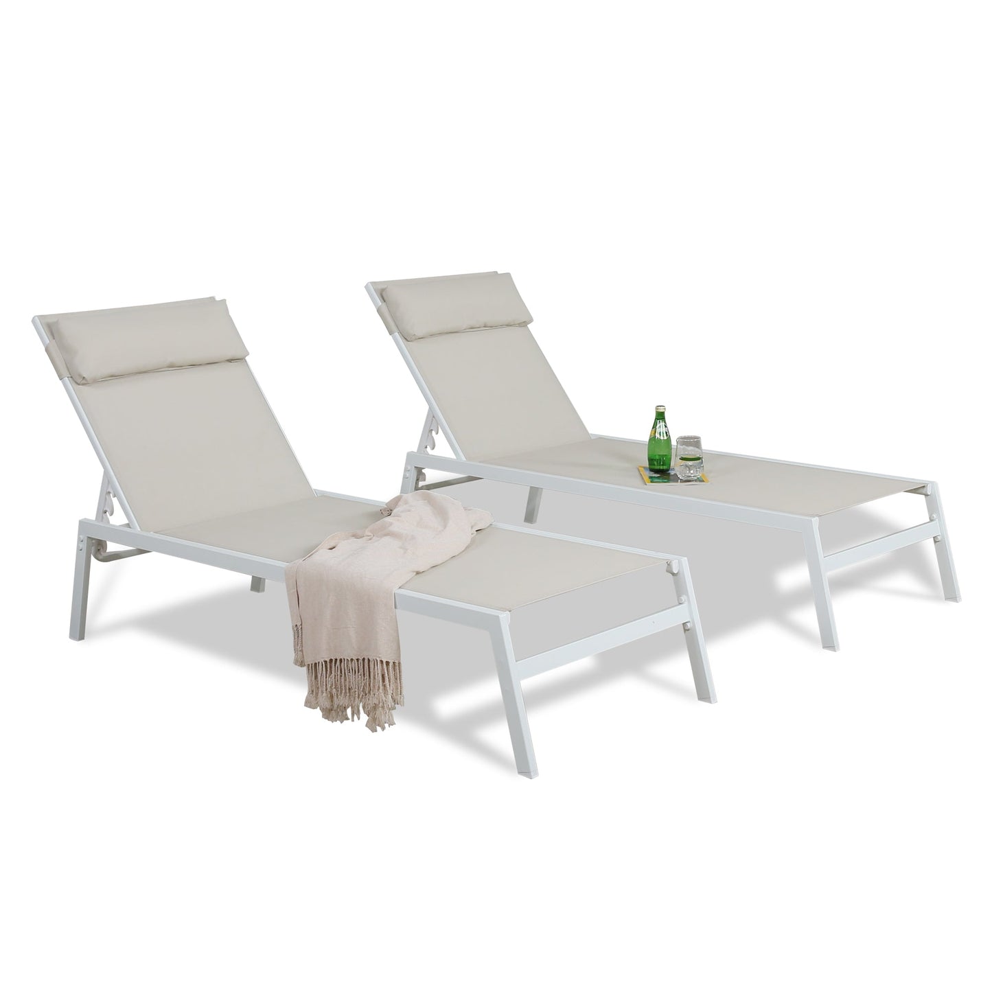 Outdoor Chaise Lounge Chairs Set of 2 All Weather Patio Beach Sling Lounger Pool Sunbathing Chairs with Headrest (Beige)