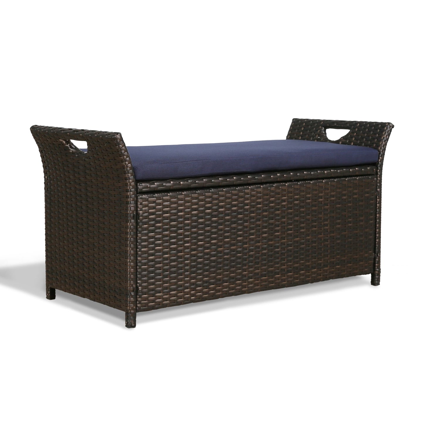 Outdoor Wicker Storage Bench Patio Furniture Rattan Deck Storage Bin with Cushion (Navy)