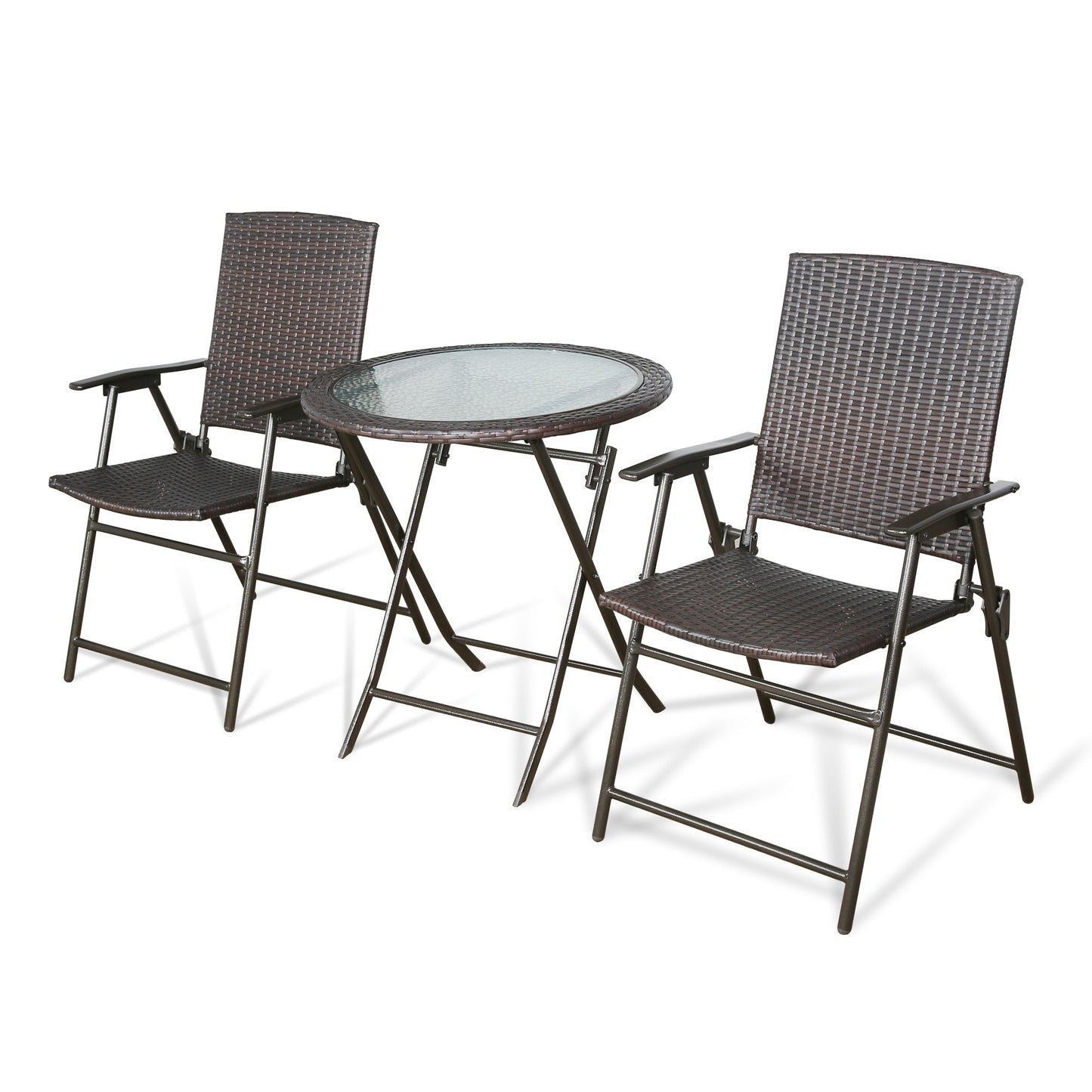 3 Pieces Wicker Folding Bistro Set, Balcony Table and Chairs Sets, Garden Backyard Furniture