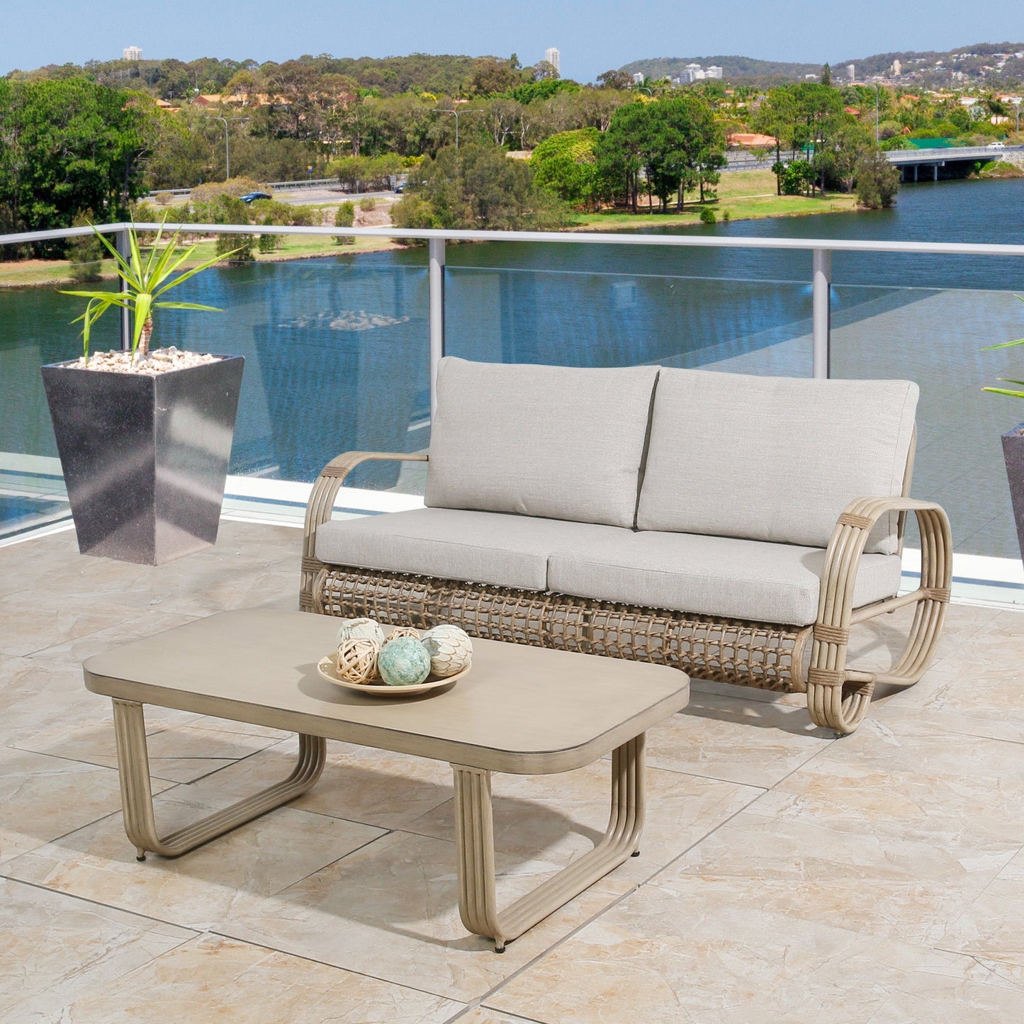2 Pieces Patio Aluminum Conversation Set Outdoor Loveseat Sofa and coffee table with Wicker Decoration and Cushions