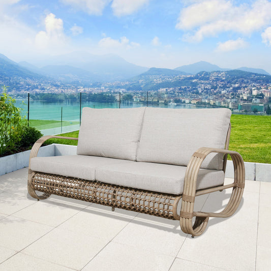 Patio Hand-Brush Aluminum Loveseat 2 Person Bench Outdoor Sofa Chair with Wicker Decoration and Olefin Cushions