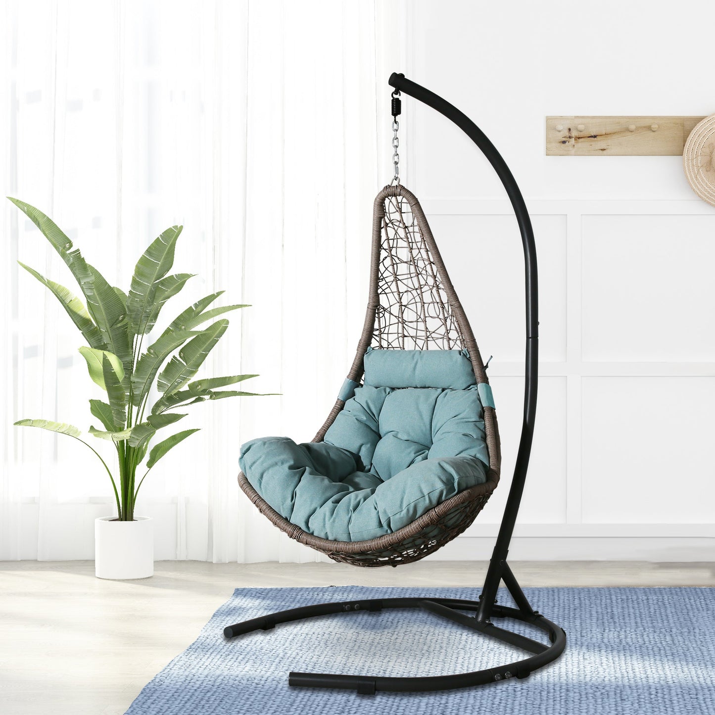 Indoor/Outdoor Wicker Hanging Basket Swing Chair, Hammock Moon Chair with Stand(Blue)