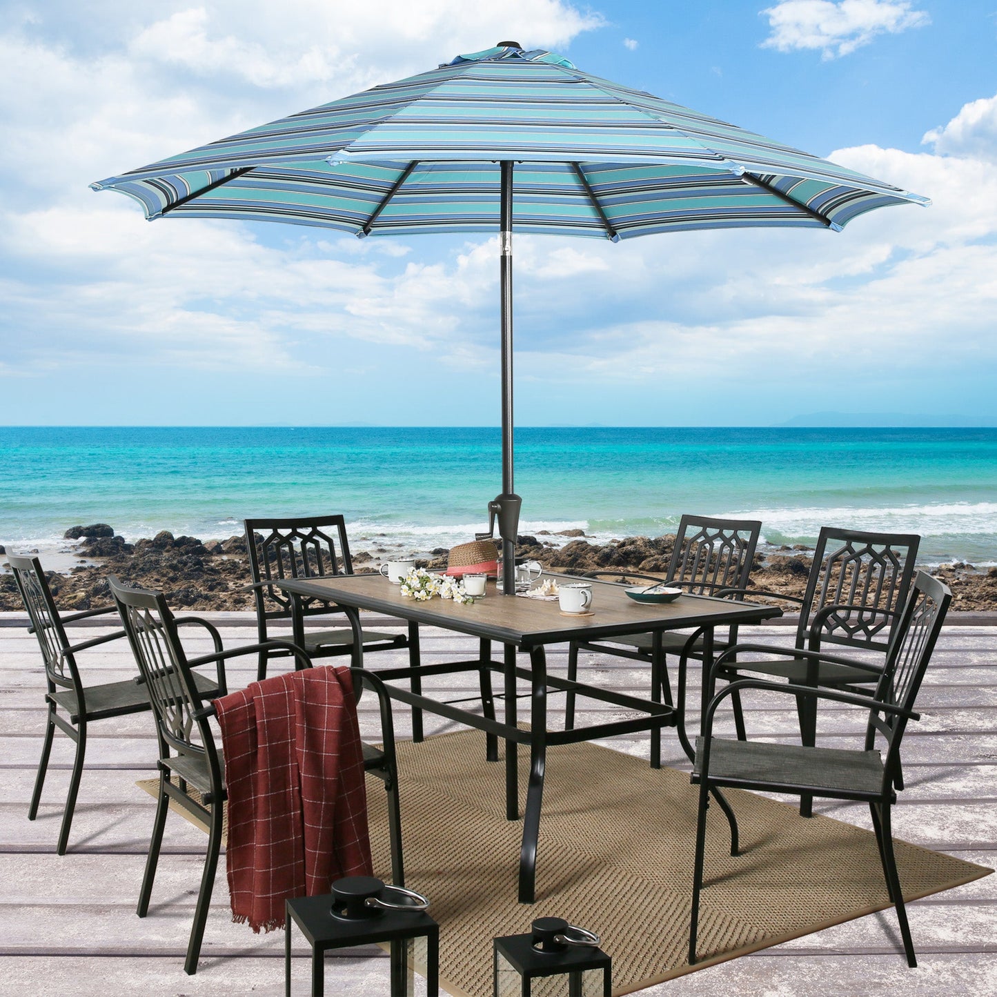 9 Ft Outdoor Sunbrella Tiltable Round Market Umbrella with Aluminum Pole and Crank (Dolce Oasis)