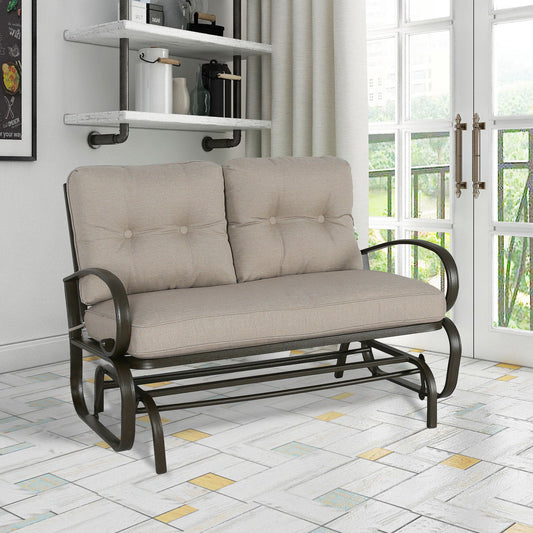 Patio Glider Bench Loveseat Outdoor Cushioed 2 Person Rocking Seating Patio Swing Chair, Beige