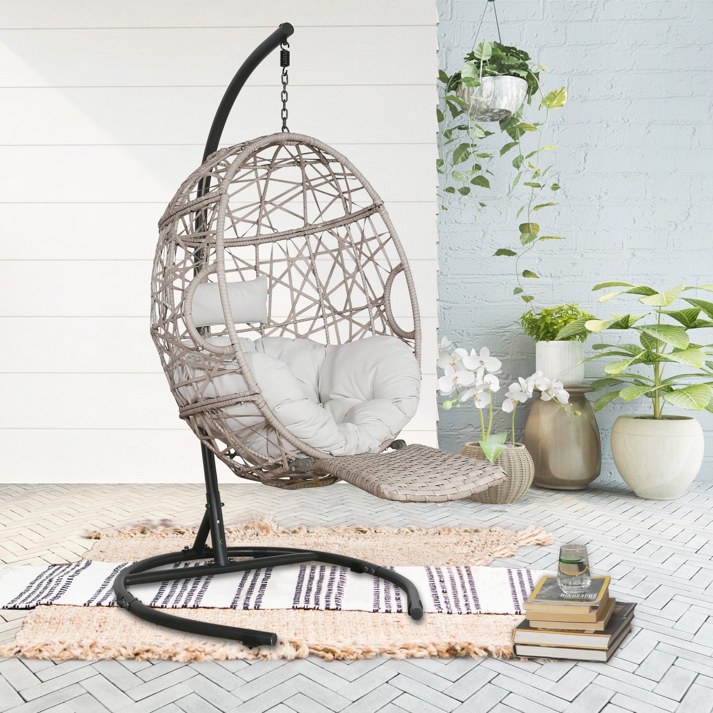 Outdoor Hanging Swing Basket Chair Tear Drop Chair with Stand and Extendable Footrest