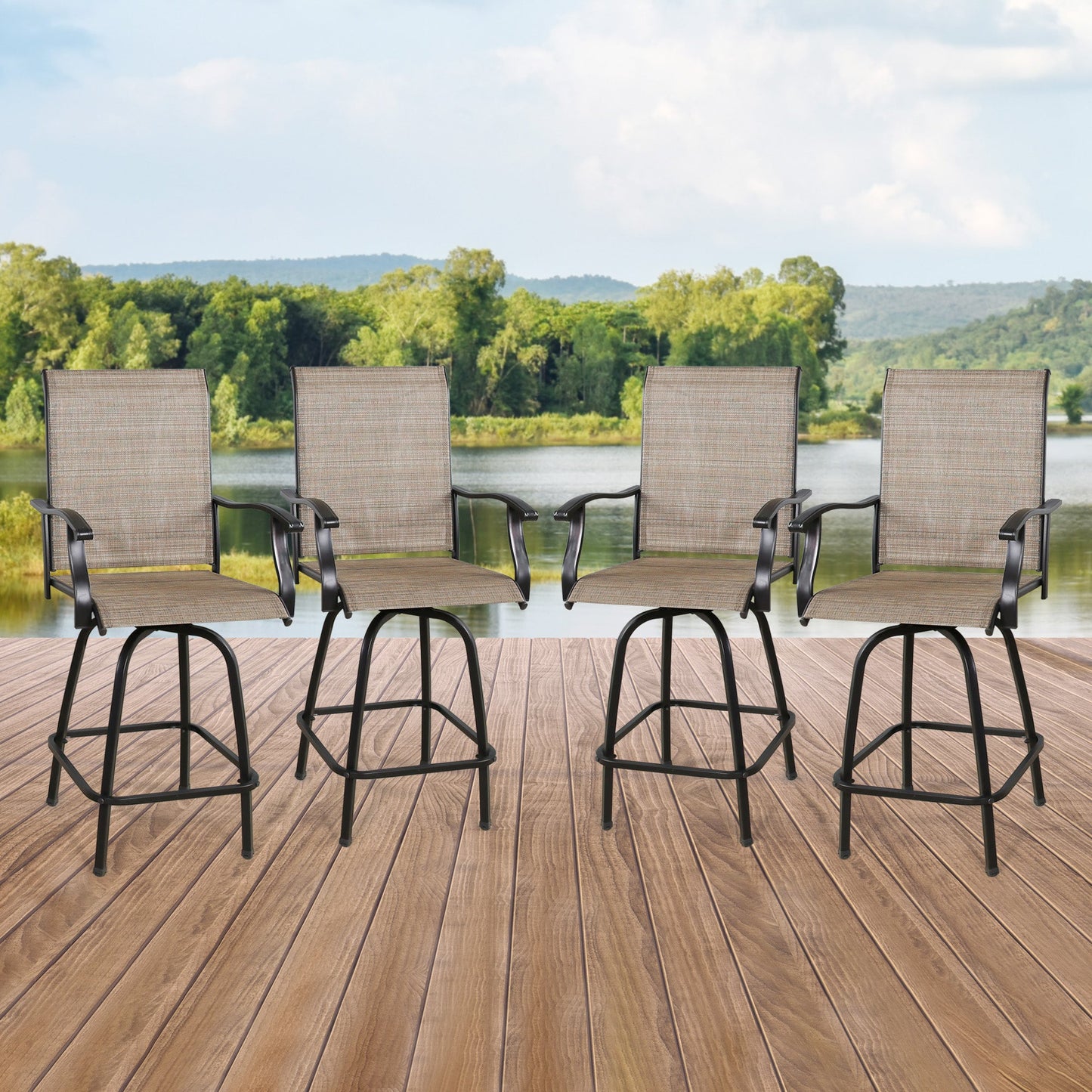 4-Piece Outdoor Swivel Bar Stools, Sling Patio Seating Height Bar Chairs with High Back and Armrest