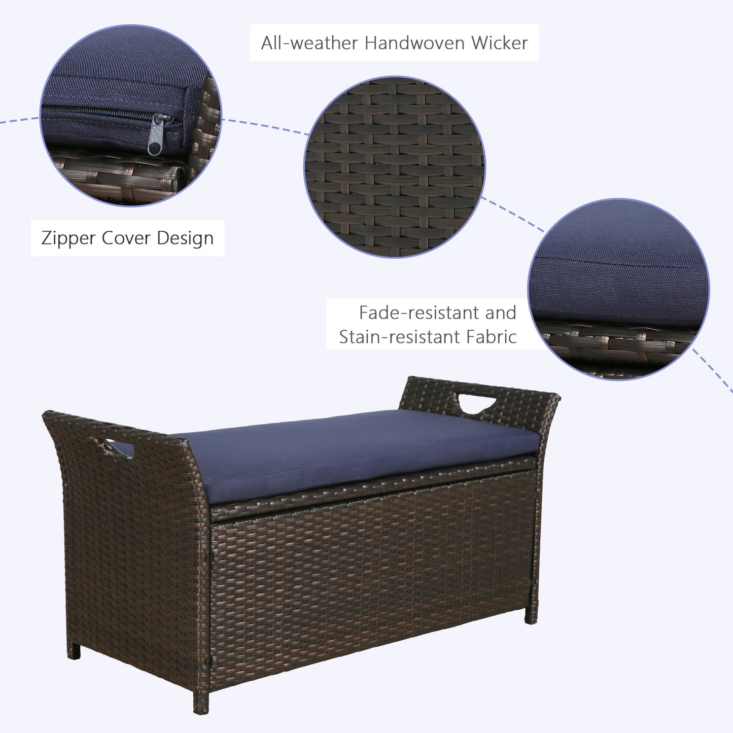 Outdoor Wicker Storage Bench Patio Furniture Rattan Deck Storage Bin with Cushion (Navy)