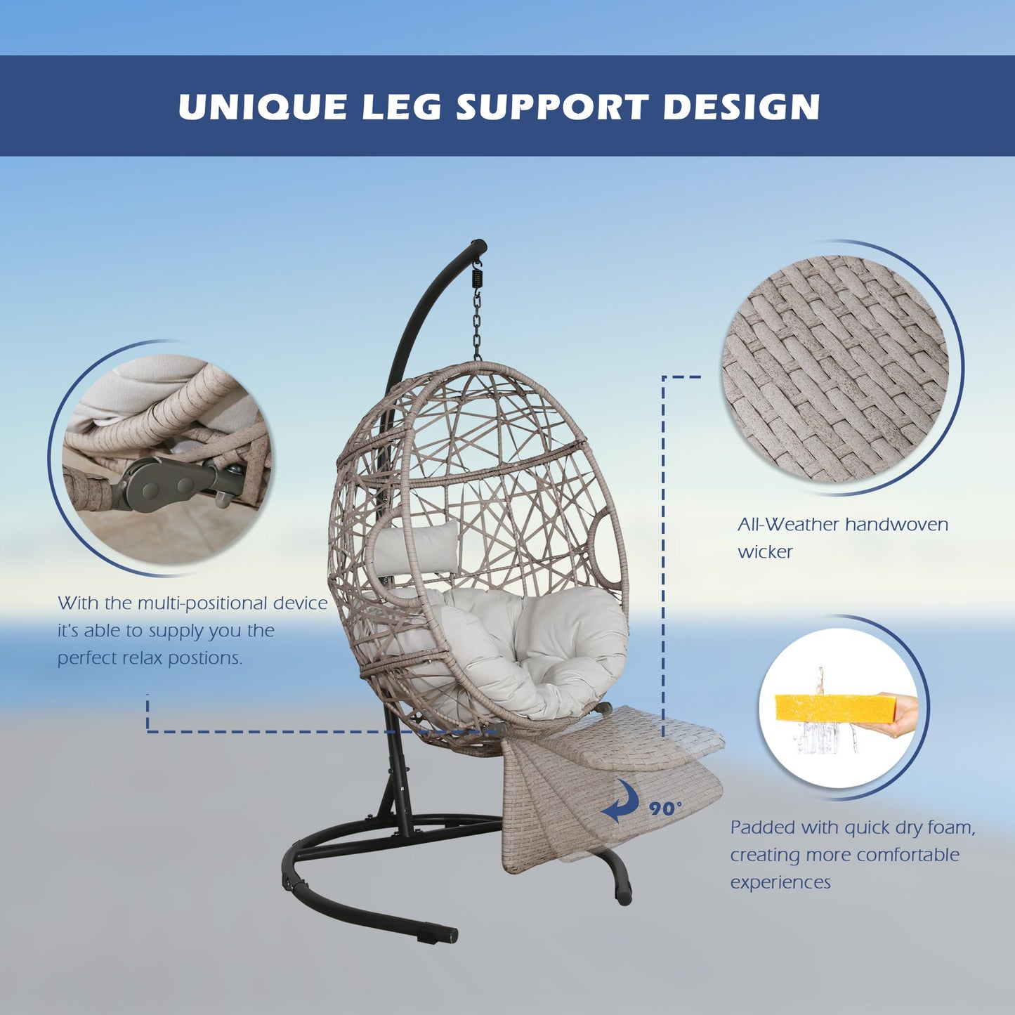 Outdoor Hanging Swing Basket Chair Tear Drop Chair with Stand and Extendable Footrest