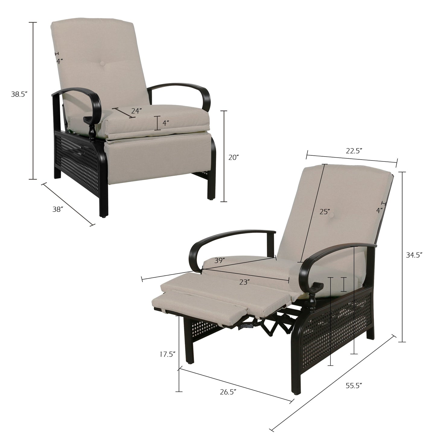 Patio Recliner Chair Automatic Adjustable Back Outdoor Lounge Chair with 100% Olefin Cushion (Sailcloth Beige)