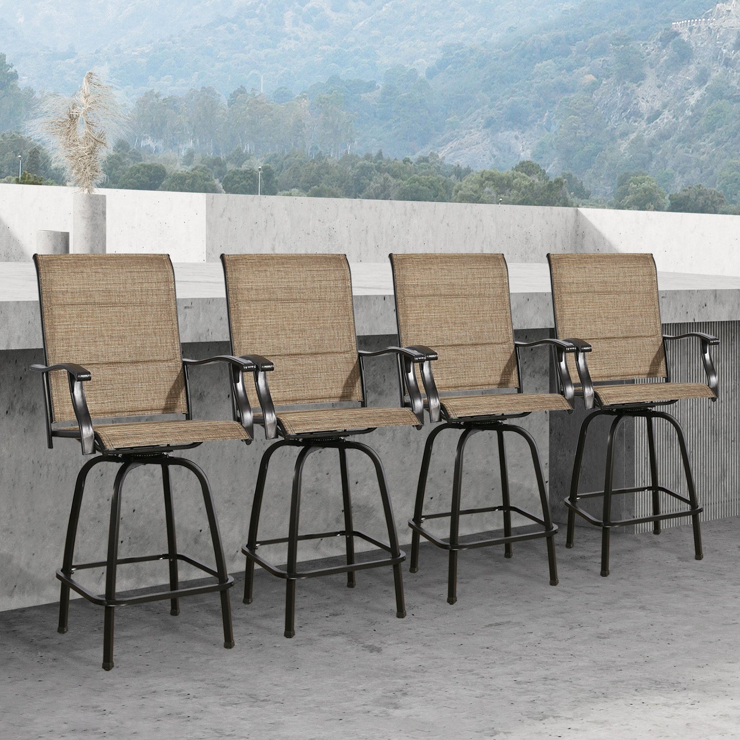 4-Piece Padded Outdoor Swivel Bar Stools Textilene Patio Seating Height Bar Chairs with Quick Dry Foam and Armrest