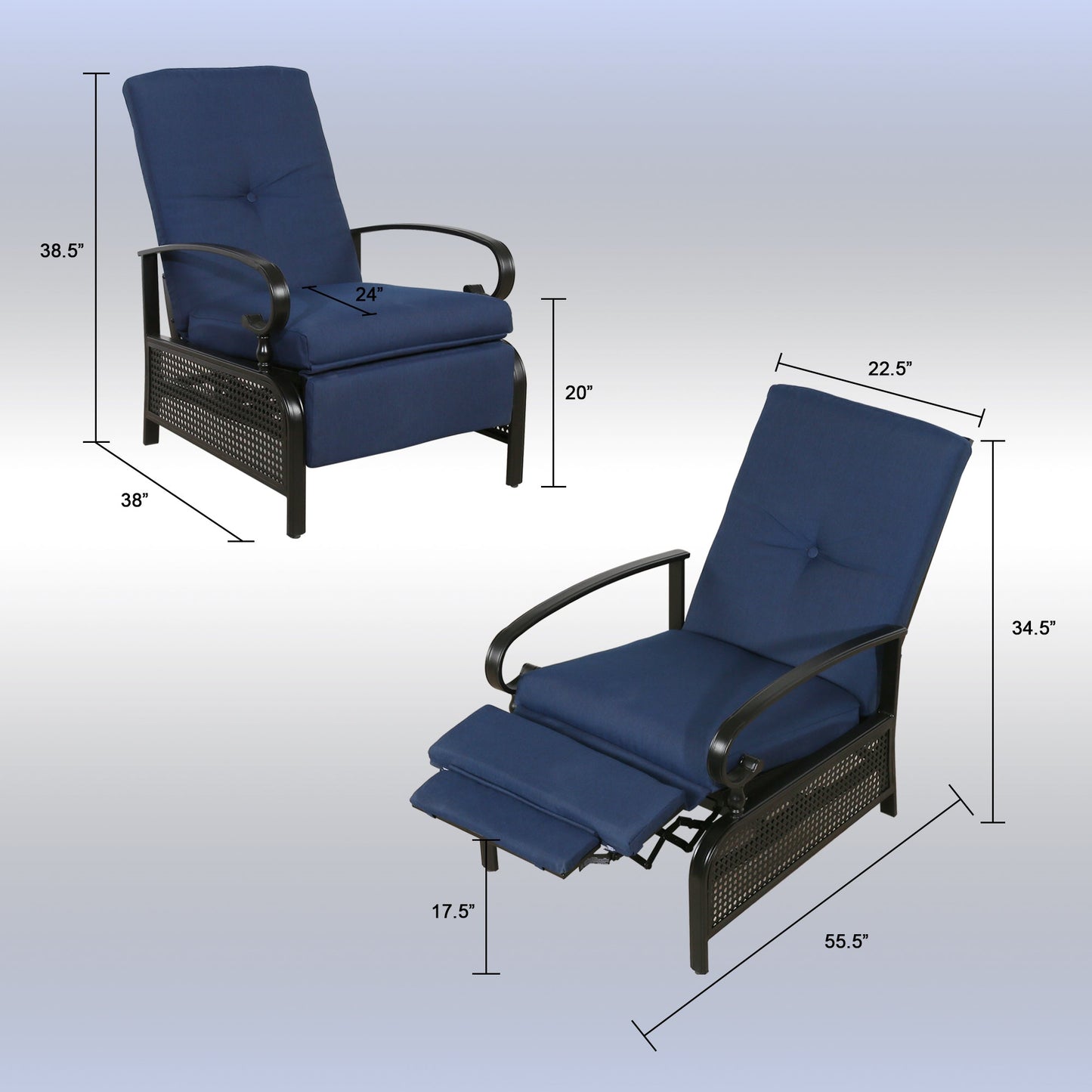 Patio Recliner Chair Automatic Adjustable Back Outdoor Lounge Chair with 100% Olefin Cushion (Navy Blue)