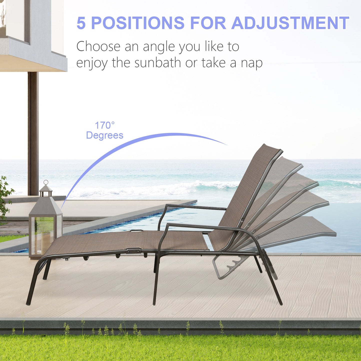 Patio Lounge Chair Chaise, Adjustable Backrest Ergonomic Shape with Durable Handwoven Rattan Steel Frame Garden Lawn Pool Recliner Outdoor Furniture Wicker Lounger