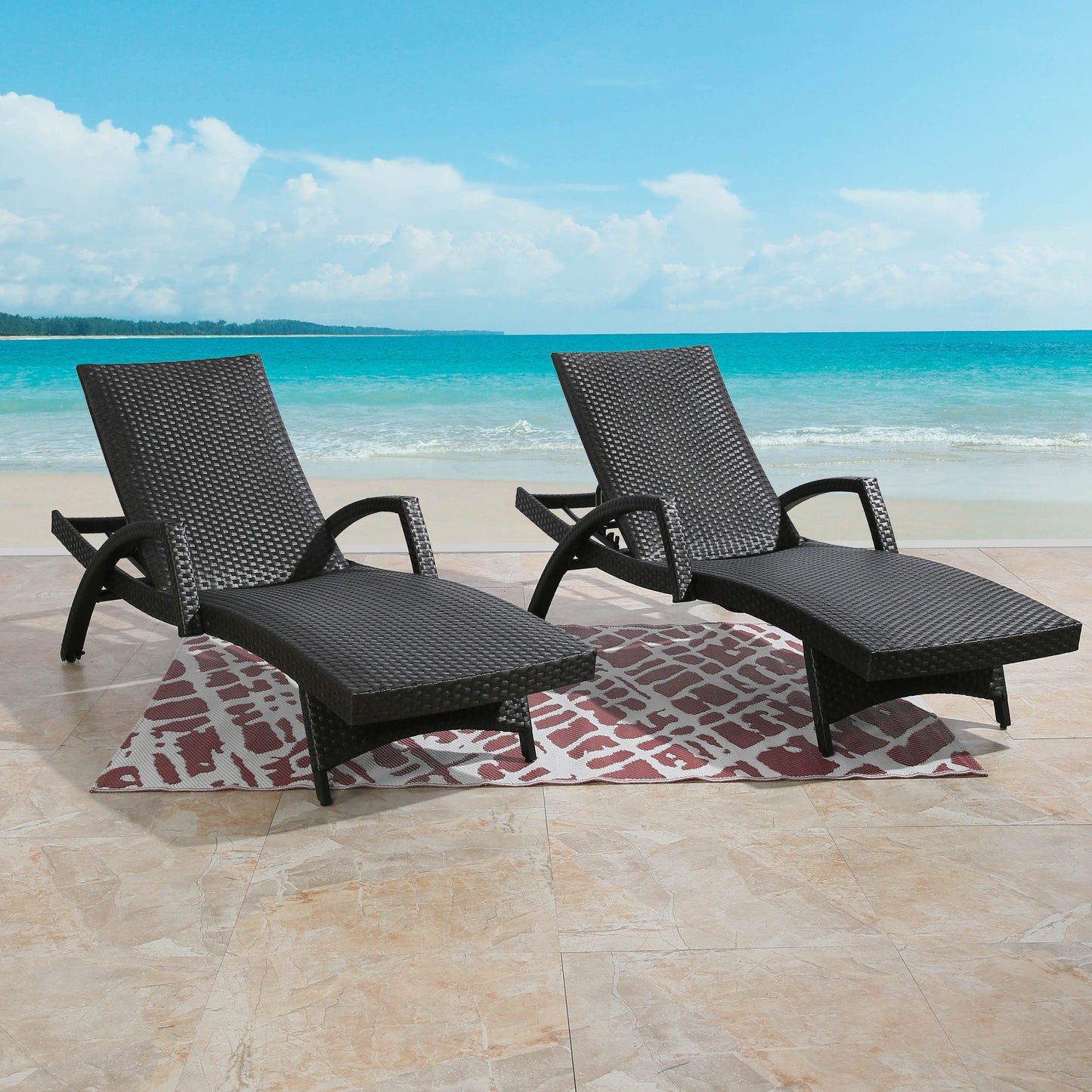 Outdoor Woven Padded 2-Pack Aluminum Chaise Lounge Armed Patio Lounger Adjustable Chair with Wheels and Quick Dry Foam