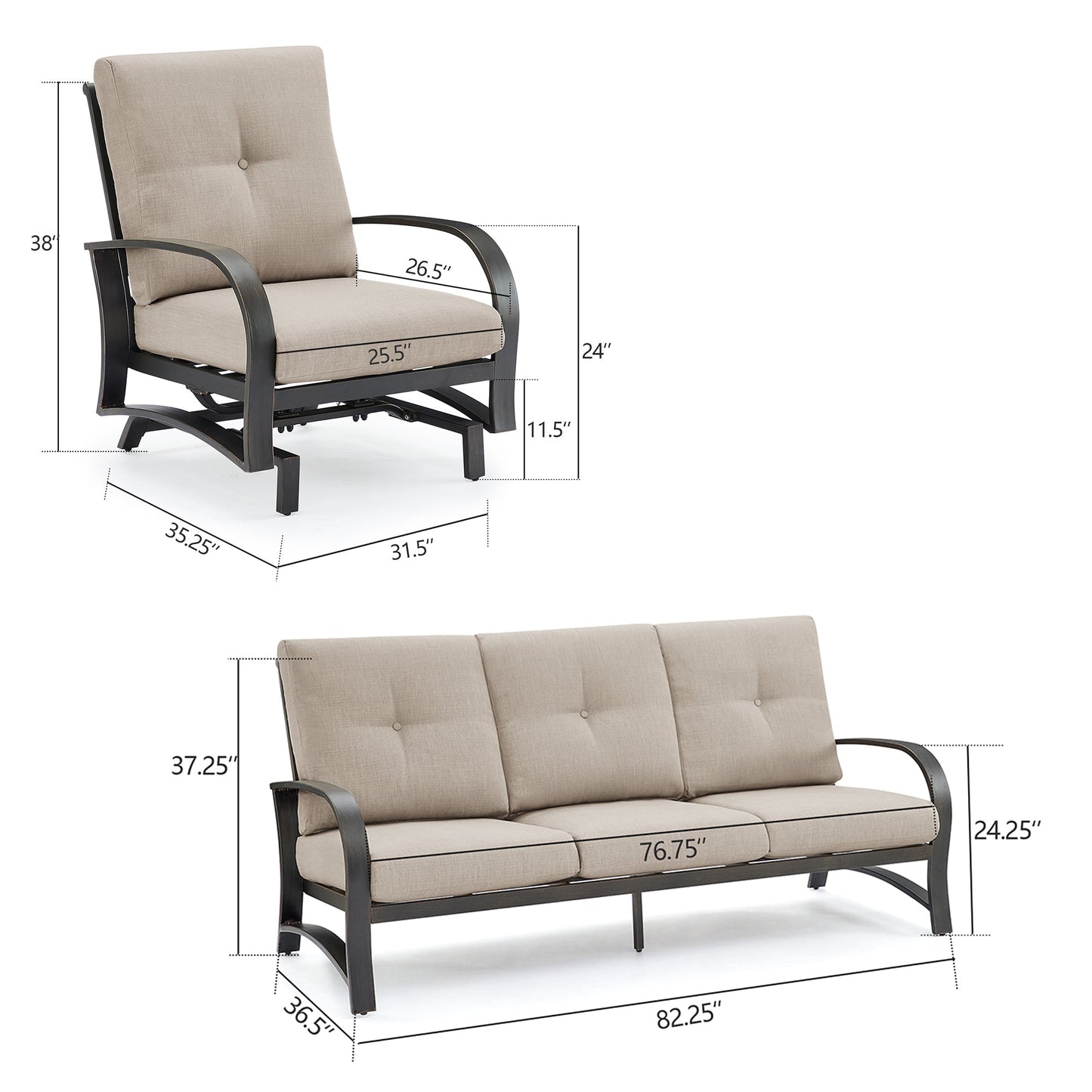 3 Pieces Outdoor/Indoor Patio Aluminum Motion Rocking Conversation Seating Group with Sunbrella Cushions for 5 Person