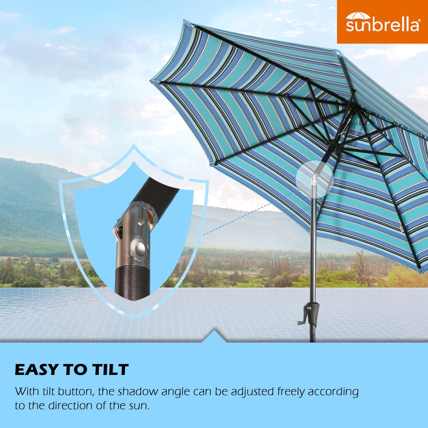 9 Ft Outdoor Sunbrella Tiltable Round Market Umbrella with Aluminum Pole and Crank (Dolce Oasis)