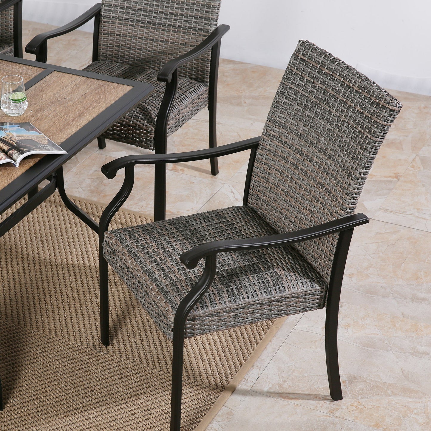 Patio 6 Pieces Wicker Padded Dining Chair Indoor Outdoor Metal Armchair with Quick Dry Foam