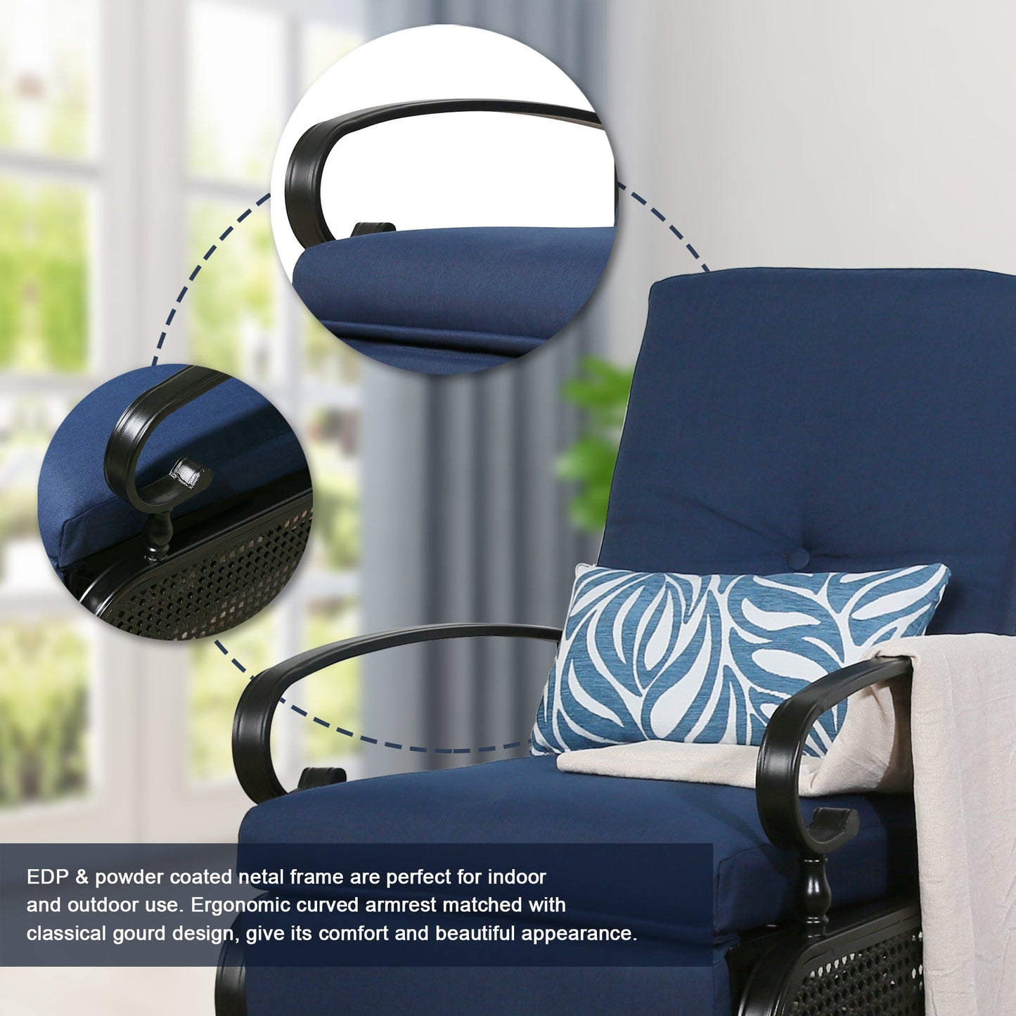 Patio Recliner Chair Automatic Adjustable Back Outdoor Lounge Chair with 100% Olefin Cushion (Navy Blue)