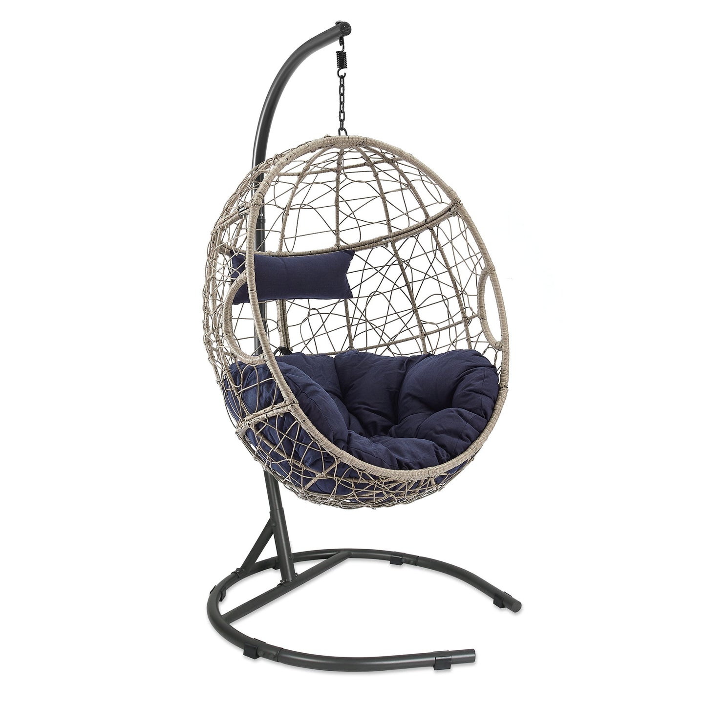 Outdoor Patio Wicker Hanging Basket Swing Chair Drop Egg Chair with Cushion and Stand (Navy)
