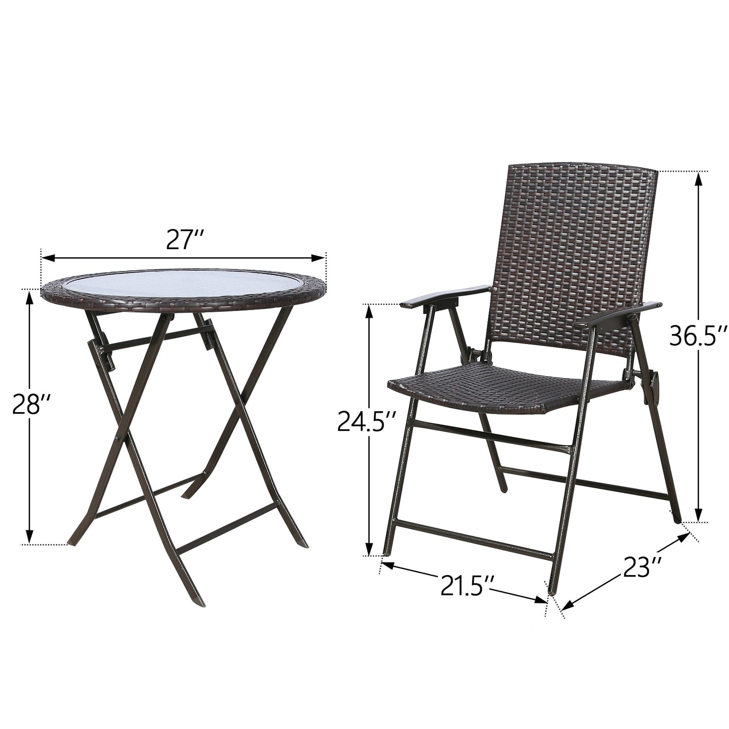 3 Pieces Wicker Folding Bistro Set, Balcony Table and Chairs Sets, Garden Backyard Furniture