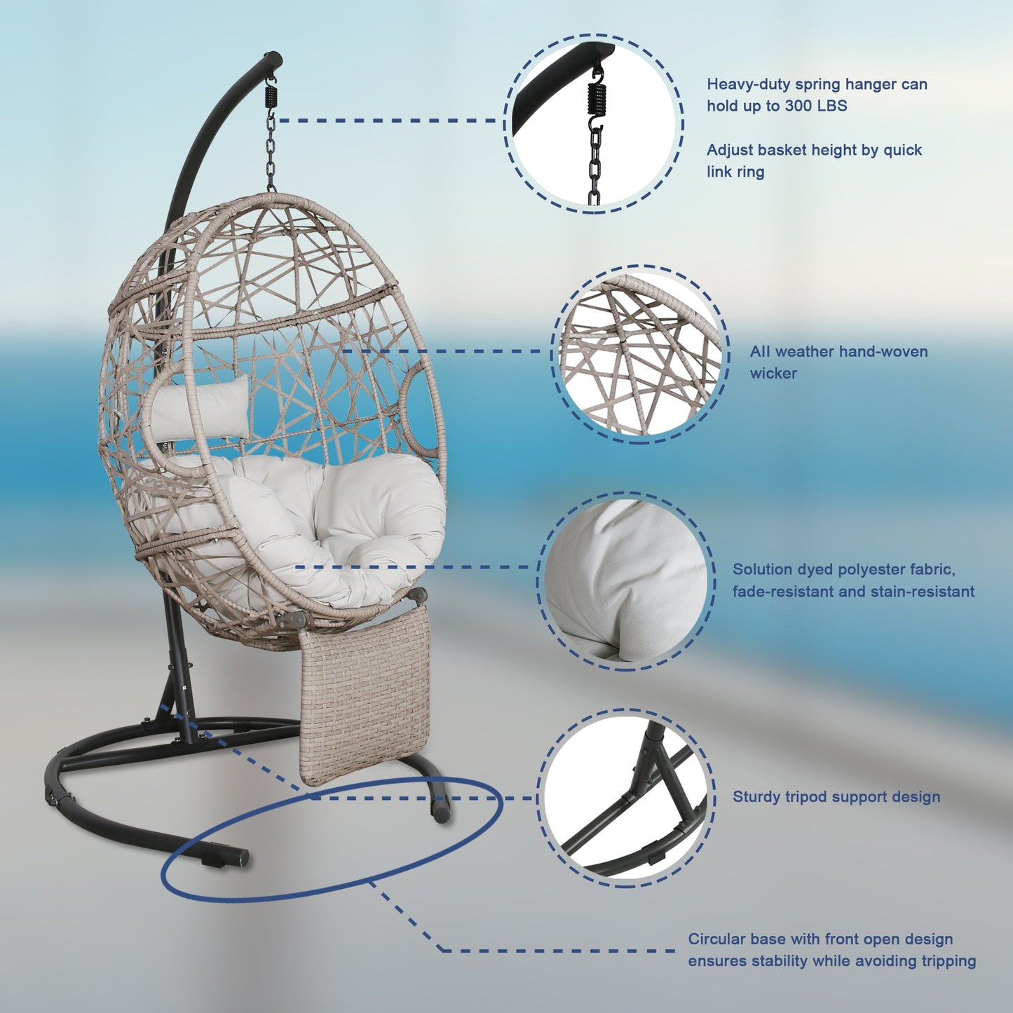 Outdoor Hanging Swing Basket Chair Tear Drop Chair with Stand and Extendable Footrest