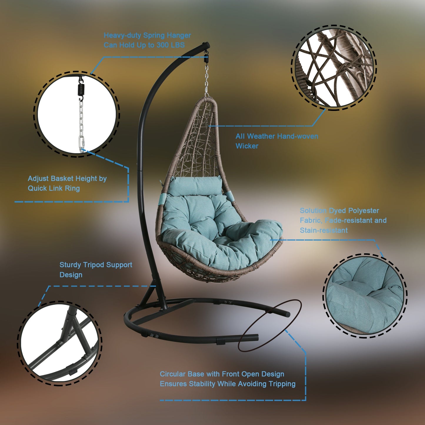 Indoor/Outdoor Wicker Hanging Basket Swing Chair, Hammock Moon Chair with Stand(Blue)