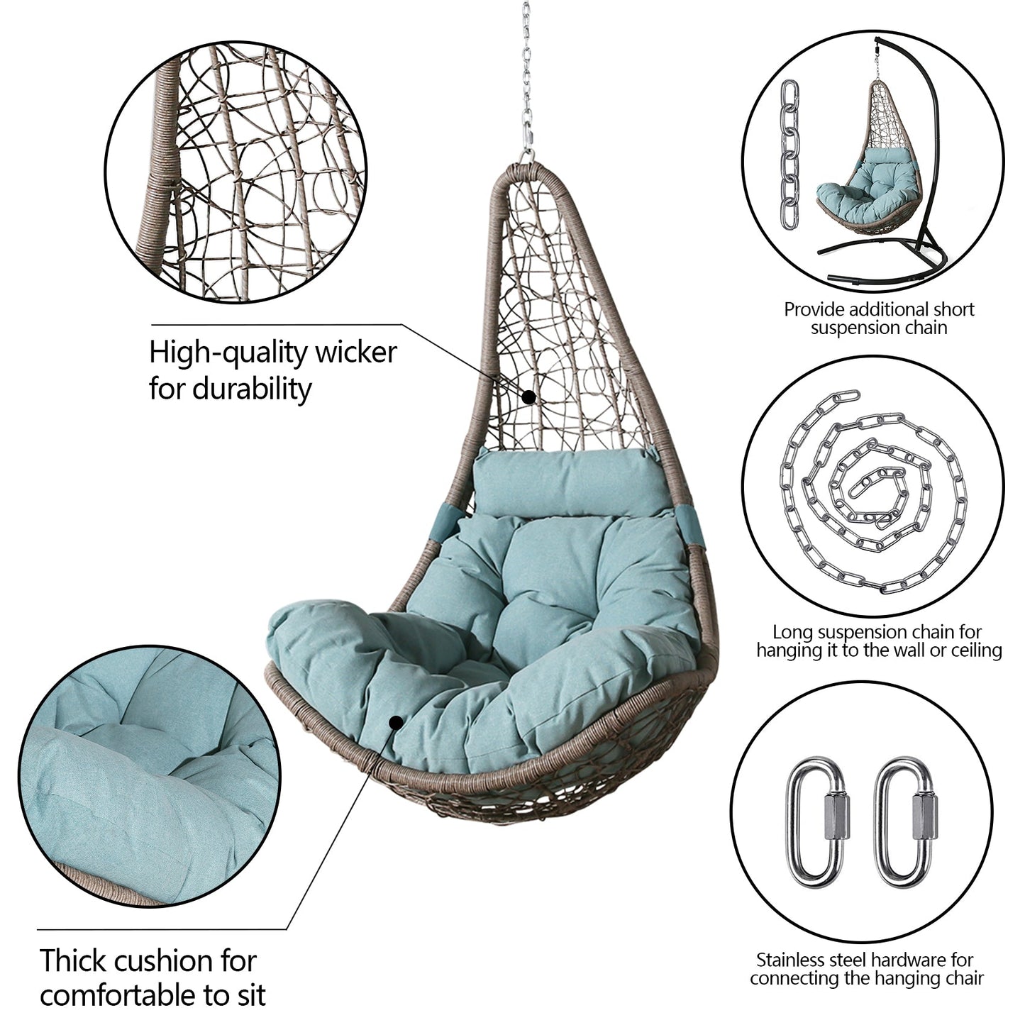 Outdoor Hanging Chair, Patio Wicker Hanging Basket Chair Swing with Steel Suspension Chain(Blue)