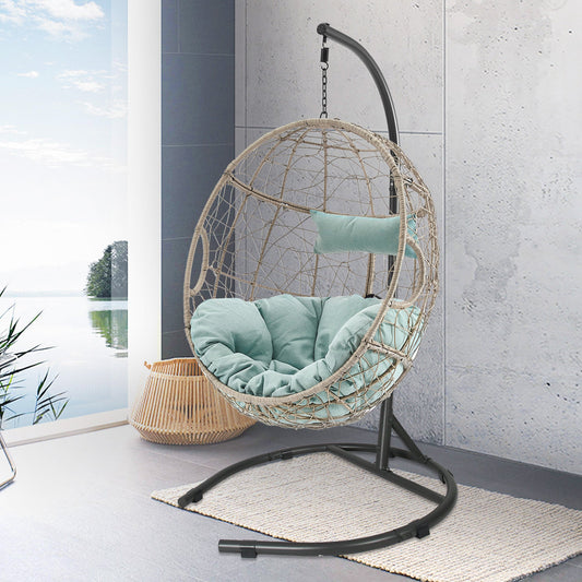 Outdoor Patio Wicker Hanging Basket Swing Chair  Drop Egg Chair with Cushion and Stand (Blue)