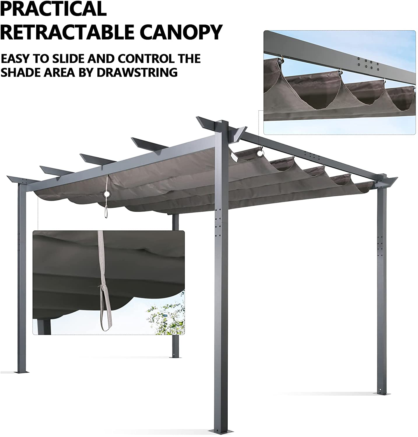 10'x13' Outdoor Pergola Aluminum Patio Retractable Gazebo with Sun Shade Canopy (Gray)