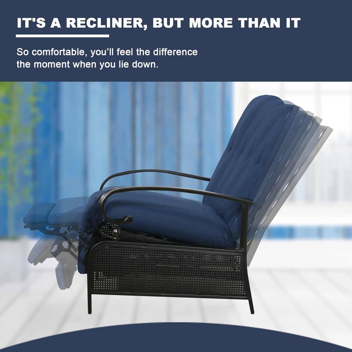 Patio Recliner Chair Automatic Adjustable Back Outdoor Lounge Chair with 100% Olefin Cushion (Navy Blue)