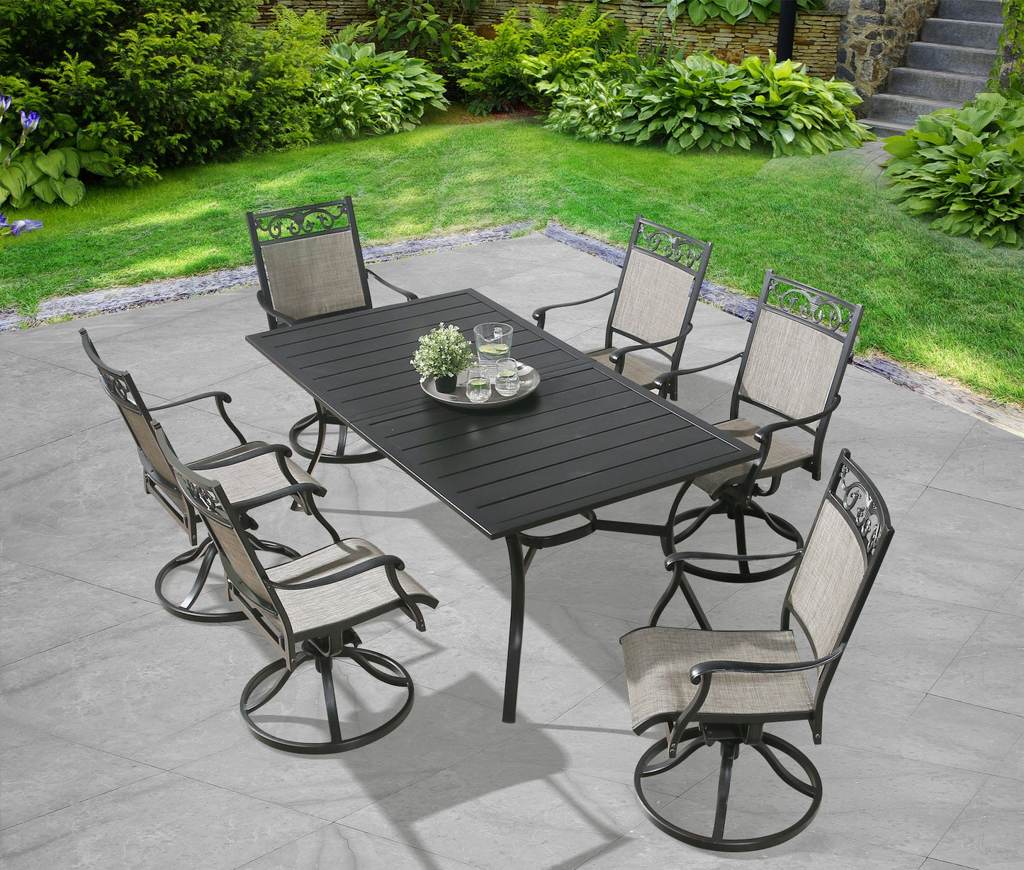 Patio Rectangular 6-Person Dining Set with Cast Aluminum Swive Dining Chairs