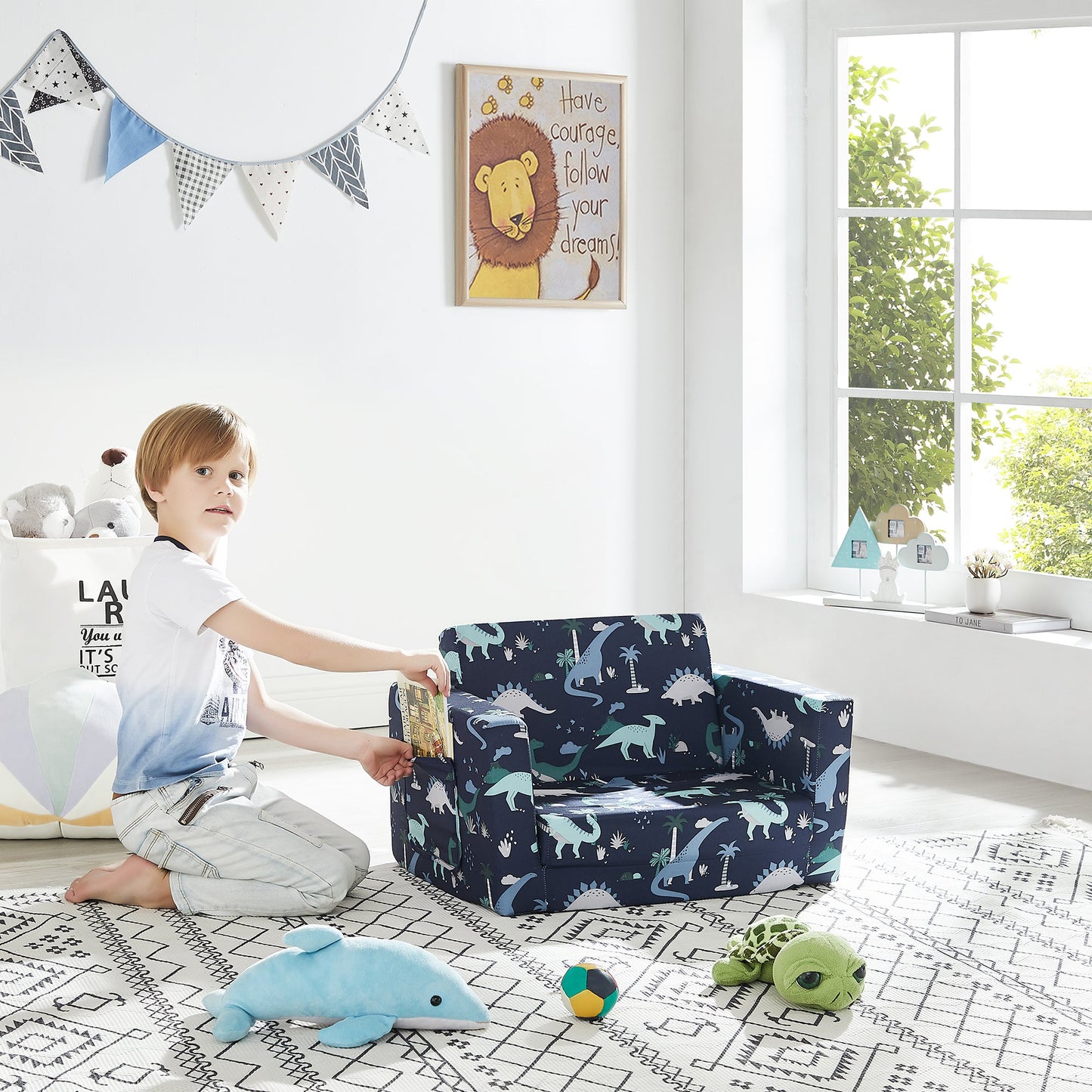 Convertible Sofa 2-In-1 Flip Open Kids Sleeper Chair （Navy Dinosaur）