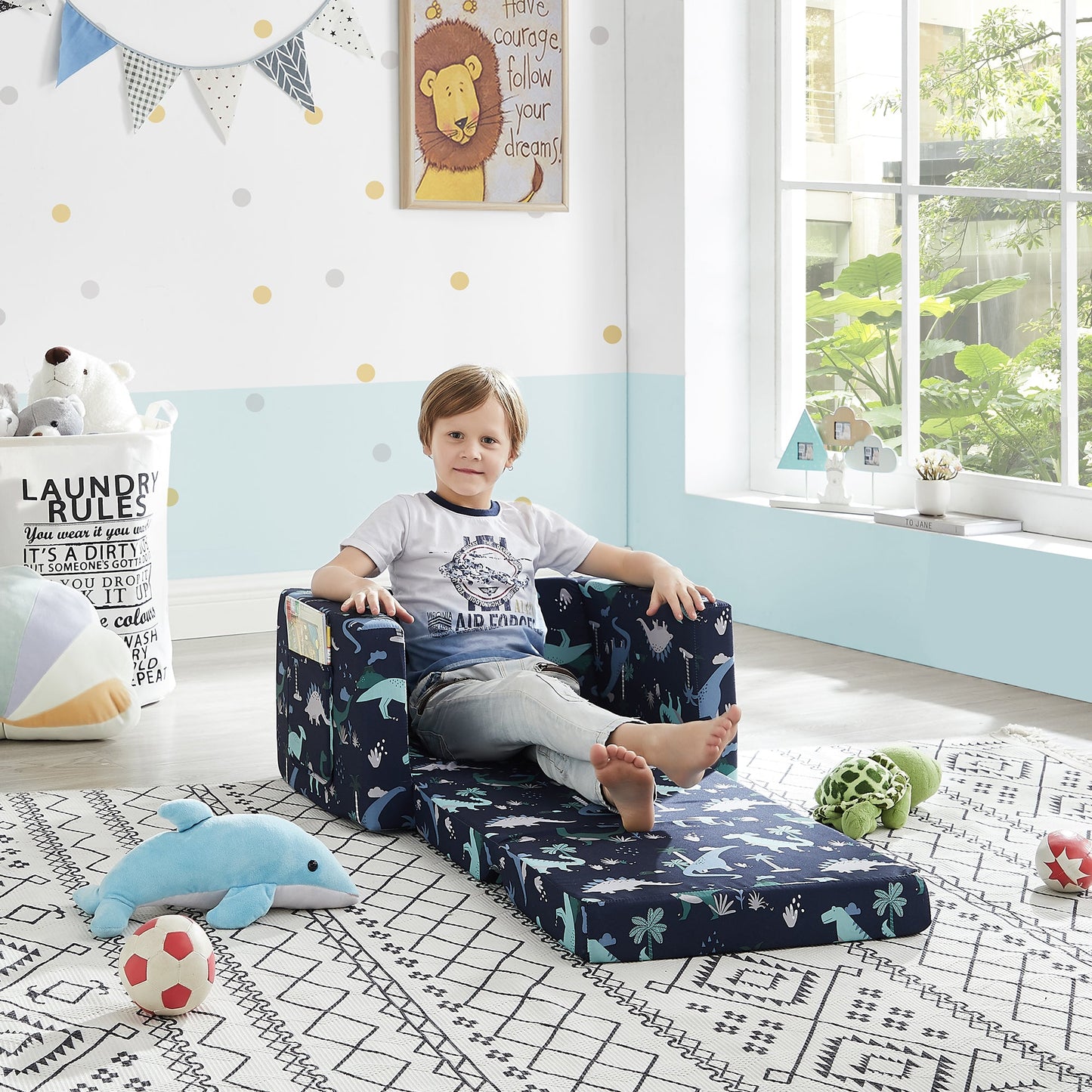 Convertible Sofa 2-In-1 Flip Open Kids Sleeper Chair （Navy Dinosaur）