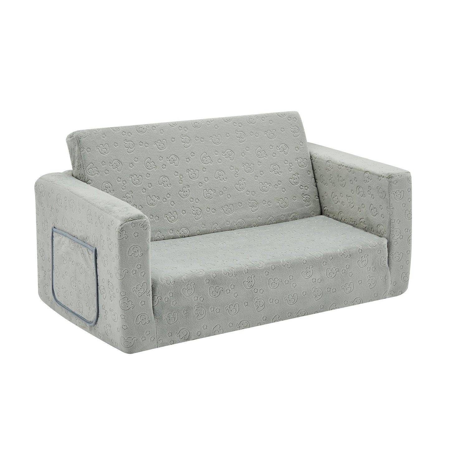 Convertible 2-In-1 Flip Open Kids Loveseat/ Couch/ Sleeper Sofa  (Gray Elephant）