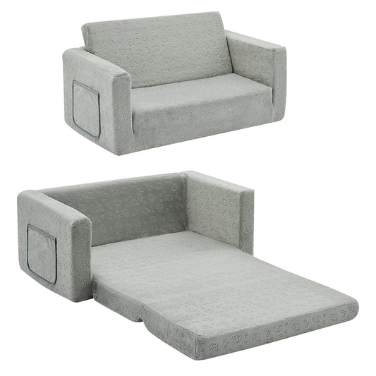 Convertible 2-In-1 Flip Open Kids Loveseat/ Couch/ Sleeper Sofa  (Gray Elephant）