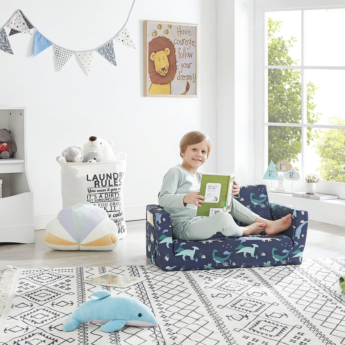 Convertible 2-In-1 Flip Open Kids Loveseat/ Couch/ Sleeper Sofa （Navy Dinosaur）