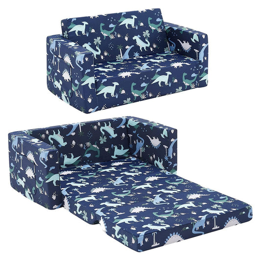 Convertible 2-In-1 Flip Open Kids Loveseat/ Couch/ Sleeper Sofa （Navy Dinosaur）