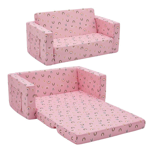 Convertible 2-In-1 Flip Open Kids Loveseat/ Couch/ Sleeper Sofa （Pink Rainbow）