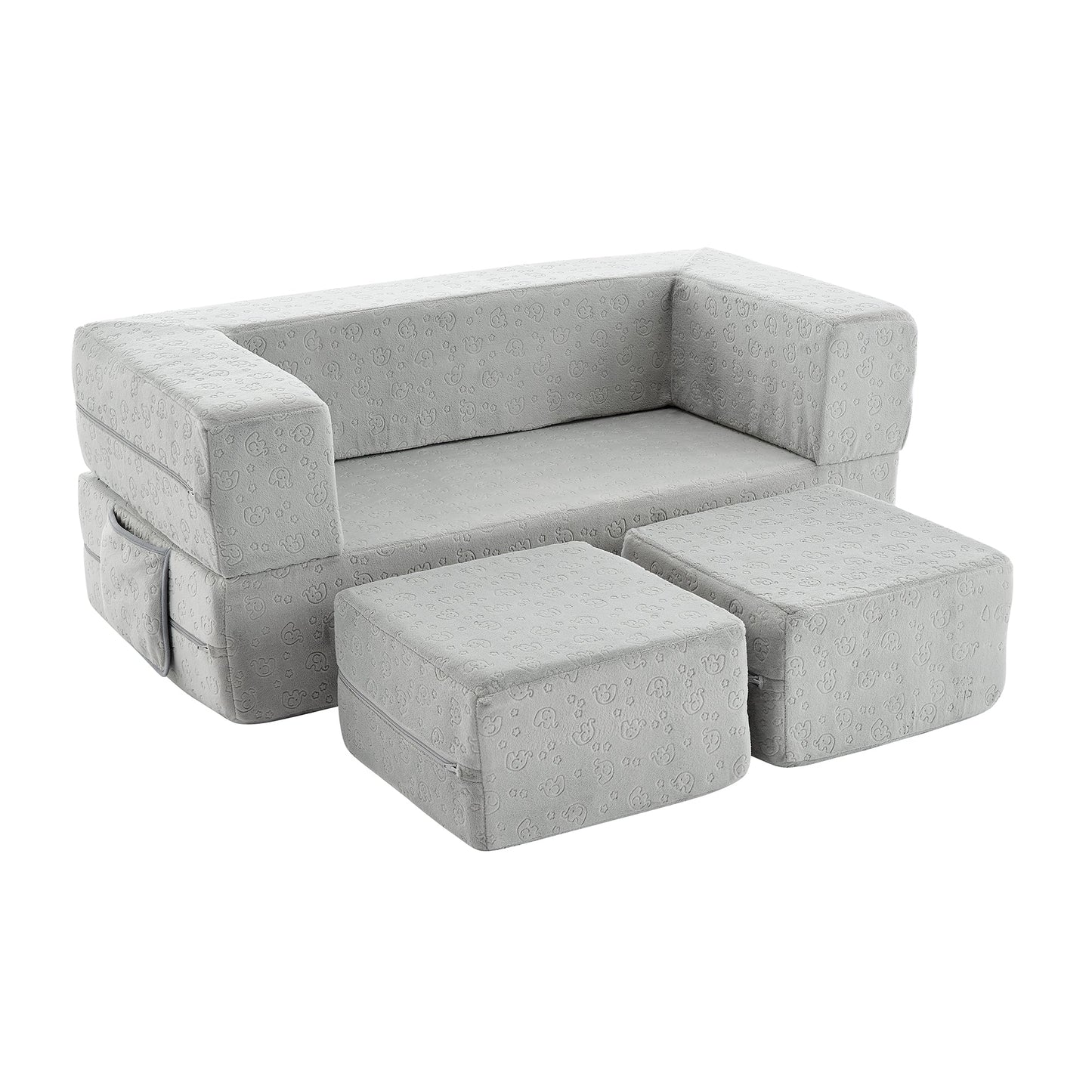 Kids Couch/ Sleeper with Ottomans, Loveseat Convertible Sofa Fold Out Lounger for Baby (Gray)