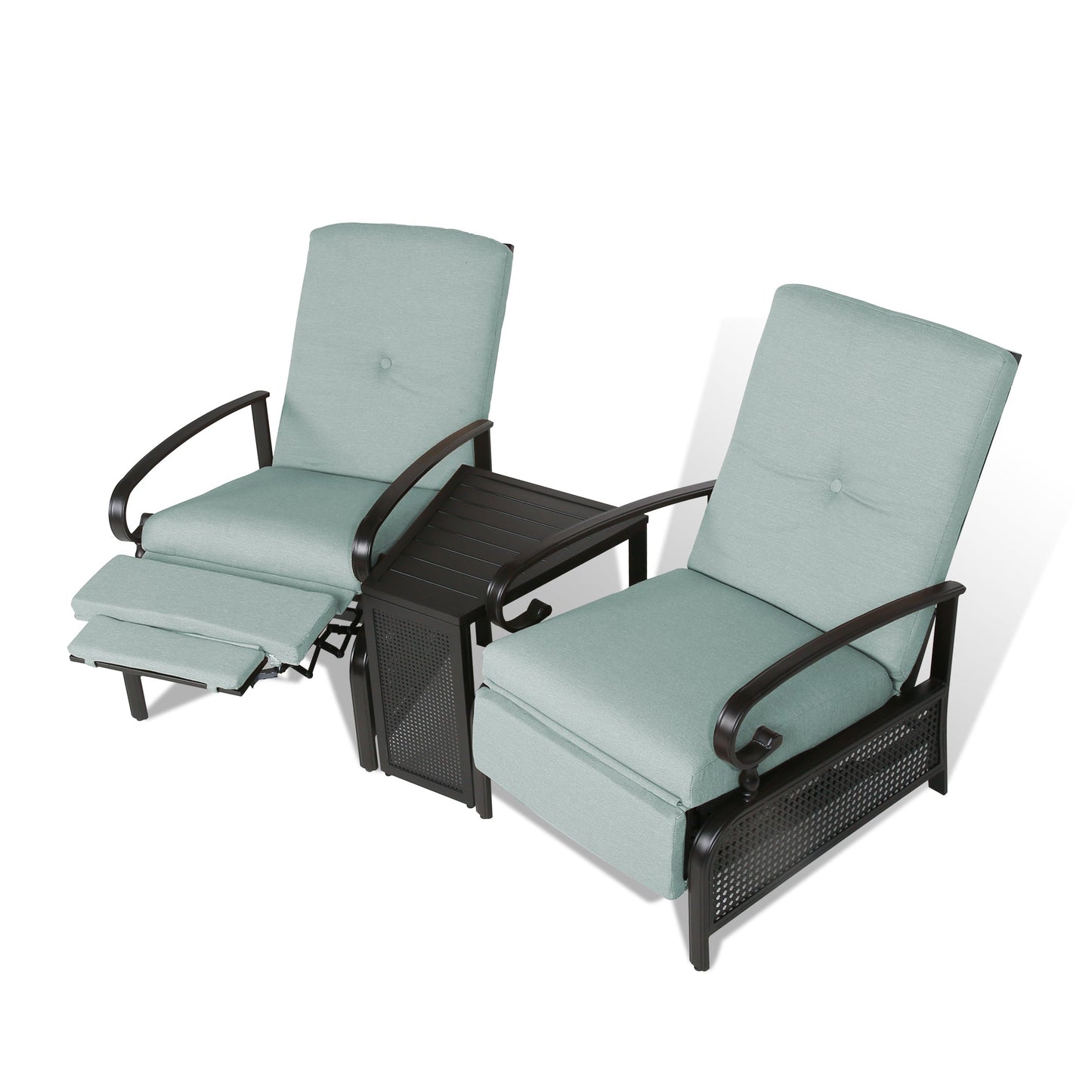3 Pieces Outdoor /Indoor Recliner Set and Steel Side Table, Patio Furniture set Conversation Set with 2 Adjustable Reclining Lounge Chairs and Olefin Cushions（Mist）